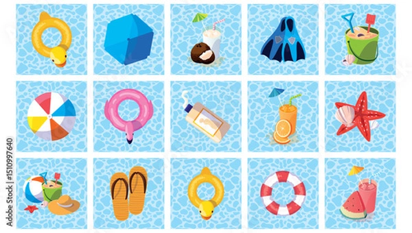 Obraz Vector Illustration Collection: Summer Beach and Pool Vacation Themed Objects in Individual Framed Squares