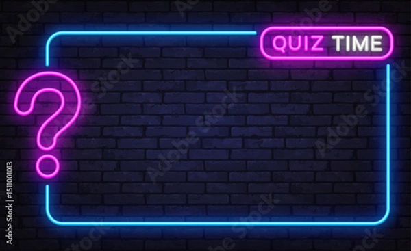 Fototapeta Dark neon template with pink question mark and quiz time tag, glowing blue border, modern trivia screen design
