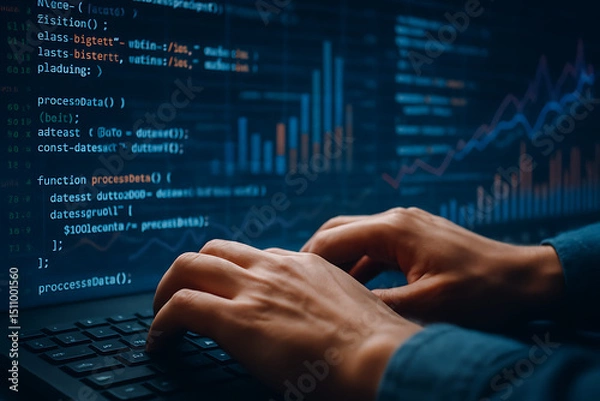 Fototapeta Hands working on digital devices in a business and technology setting