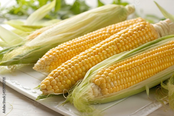 Obraz Fresh corn on the cob displayed on a white plate a healthy and delicious summer vegetable