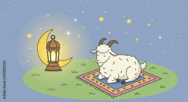 Obraz A sheep sits calmly on a colorful carpet under a crescent moon and twinkling stars