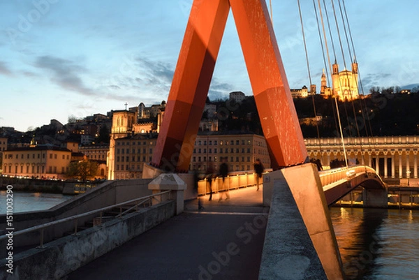 Fototapeta Panoramic view of Lyon at dusk, with the basilica in the background