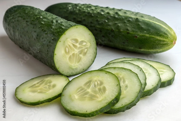 Obraz Fresh green cucumbers, one sliced and one cut in half, displayed on a white surface.