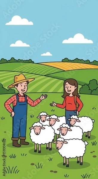 Obraz Farmer in straw hat talks to woman while surrounded by playful sheep in lush fields