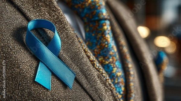 Fototapeta Blue ribbon pin on lapel with liver-shaped foliage, symbolizing hope and awareness for World Hepatitis Day