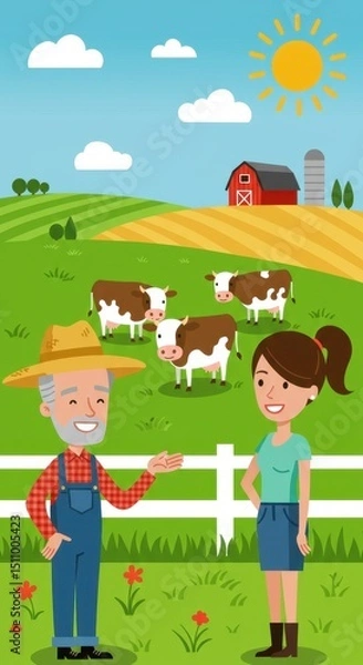 Obraz A farmer talks to a young woman on a bright day, surrounded by cows and farmland in the background