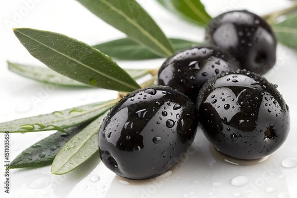 Obraz Fresh black olives with water droplets and green leaves on a white background.