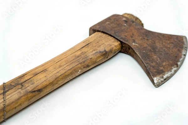 Obraz A close-up shot of an old, rusty axe with a wooden handle against a white background.