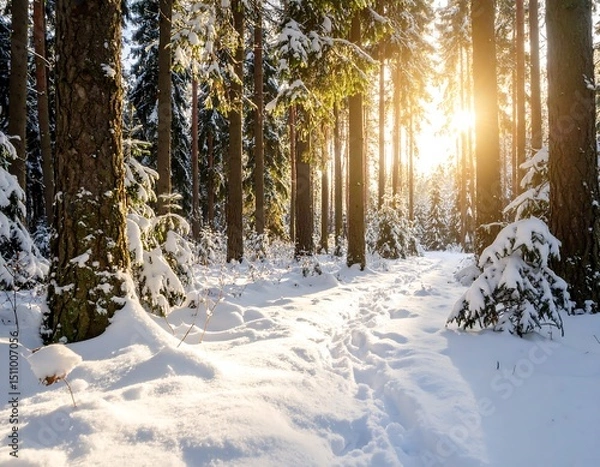 Obraz Winter sun shines through snowy forest path