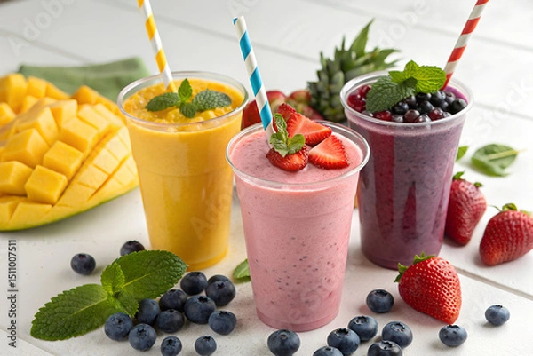 Obraz Three vibrant fruit smoothies with fresh mango, strawberries, and blueberries on a white wooden table.