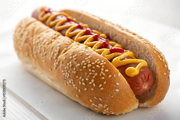 Obraz Close-up shot of a delicious hot dog in a sesame seed bun with mustard and ketchup.