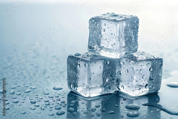 Obraz Stack of Ice Cubes with Water Droplets on Cool Blue Surface