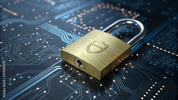 Obraz Cybersecurity Concept with Lock on Circuit Board