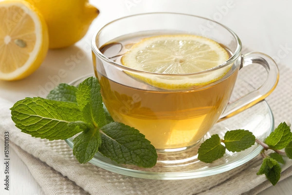 Obraz Cup of Herbal Tea with Lemon and Fresh Lemon on White Table