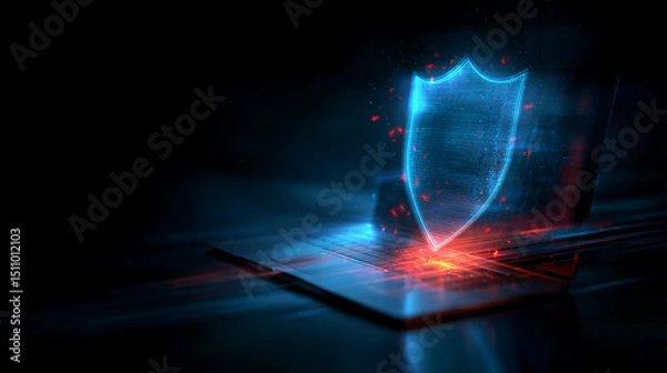 Fototapeta Glowing blue shield icon above laptop keyboard, symbolizes digital security and online protection, conveying technological safety and data privacy