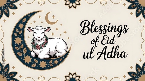 Fototapeta A cartoon lamb wearing a flower wreath sitting on a crescent moon with stars around it