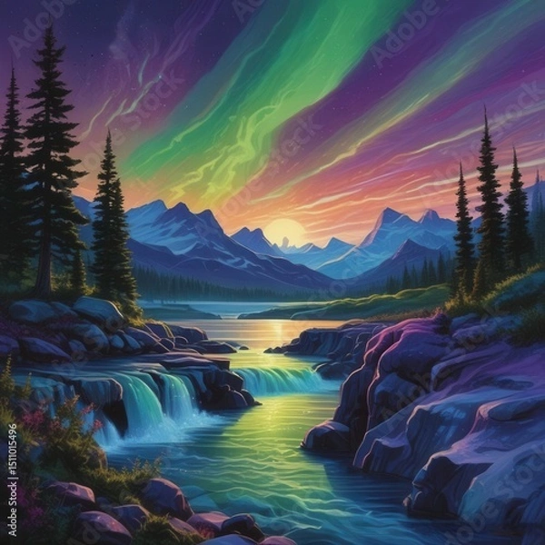 Obraz Vibrant Aurora Borealis Reflecting in Lake, Mountain Landscape Painting