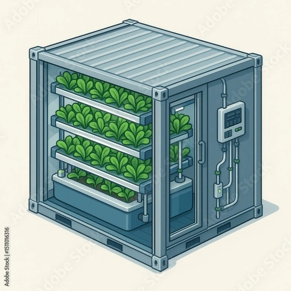 Fototapeta Smart Hydroponic Vertical Farm in Shipping Container – Isometric Cutaway