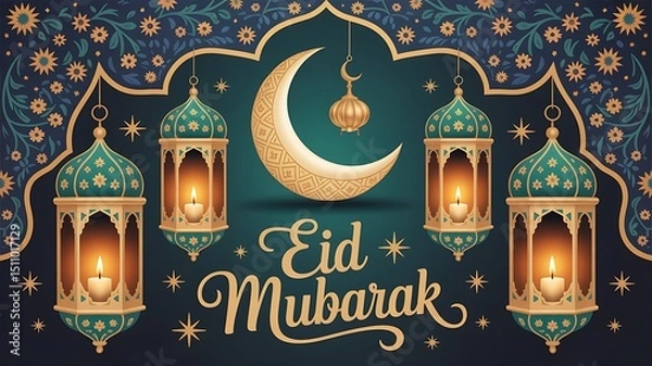 Fototapeta Eid mubarak illustration with lanterns crescent moon and floral decorative elements