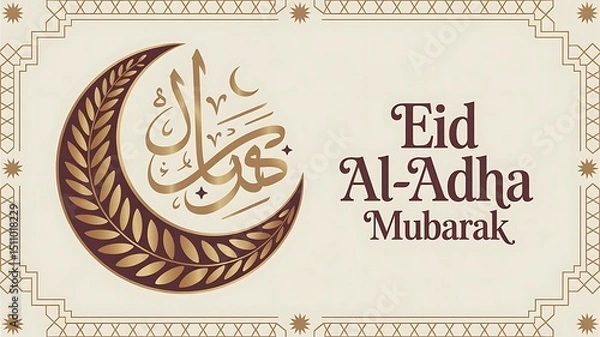 Fototapeta Eid al adha mubarak design with crescent moon and arabic calligraphy on beige background