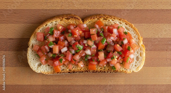 Fototapeta Bruschetta topped with diced tomatoes and herbs on toasted bread  