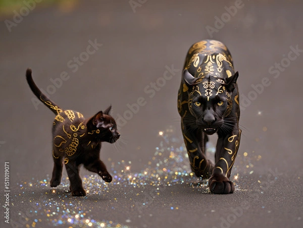 Obraz Magical Black Kitten Surrounded by Glowing Gold Dust Particles