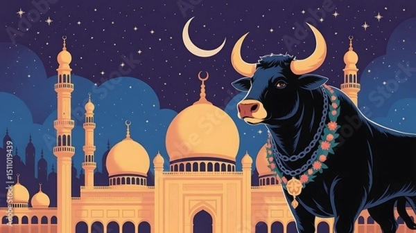 Fototapeta Illustration of a bull with a mosque in the background under a starry night sky