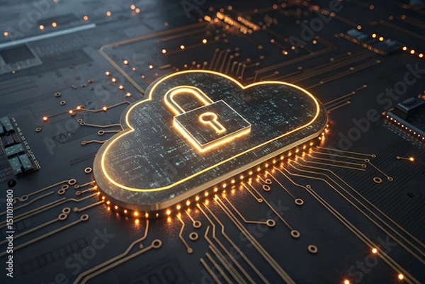 Obraz Cloud Data Security Concept with Digital Lock and Circuit Board Background
