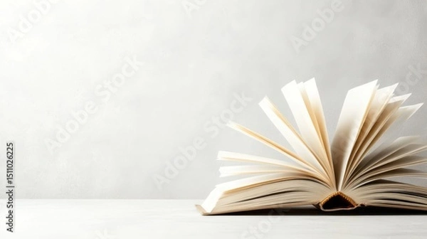 Fototapeta An open book rests on a table, pages flipping gently as if caught in a breeze, symbolizing knowledge, curiosity, and the power of stories to transport us to new worlds.