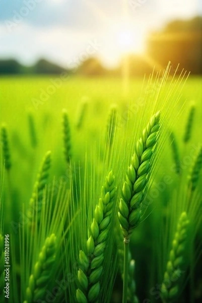 Fototapeta A lush green field of wheat swaying gently in the summer breeze, bathed in warm sunlight The scene evokes feelings of tranquility and the abundance of the season , july, summer