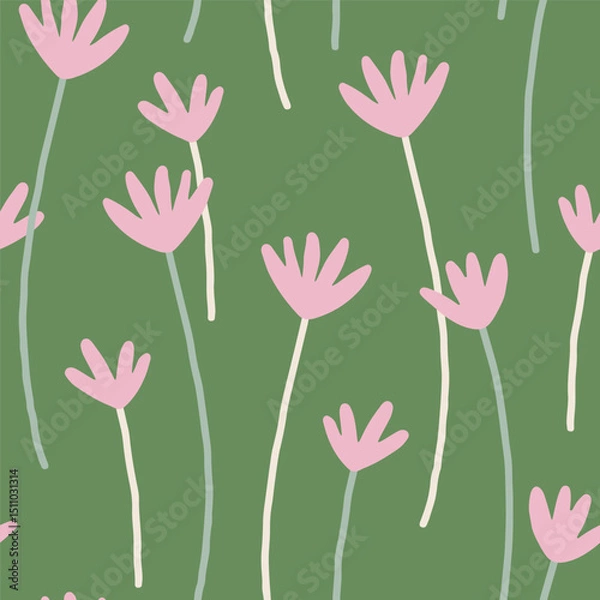 Obraz Trendy floral seamless pattern. Hand drawn lovely background with charming flowers in flat style. Colorful flat vector illustration for wallpaper, textile. Botanical background with charming flowers