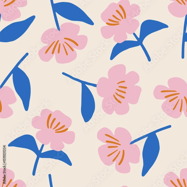 Obraz Trendy floral seamless pattern. Hand drawn lovely background with charming flowers in flat style. Colorful flat vector illustration for wallpaper, textile. Botanical background with charming flowers