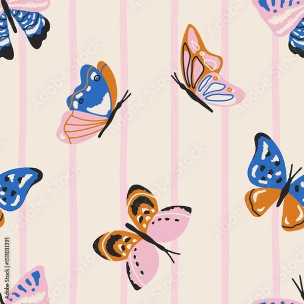 Obraz Hand drawn vector seamless pattern with whimsical butterflies in flat style. Cute charming background with butterfly for festive design, wallpaper and textile. Colorful vibrant illustration