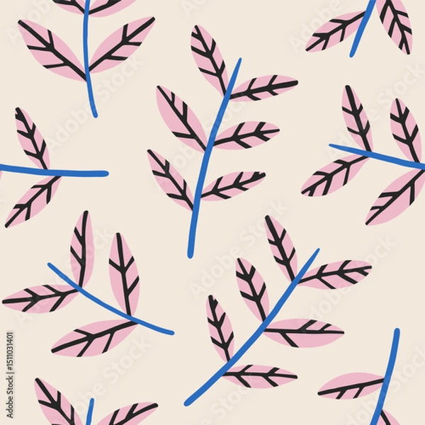 Obraz Lovely summer background with abstract branches in flat style. Vector seamless pattern for summer designs, textile, wallpaper. Charming floral background. Minimalist vibrant foliage pattern