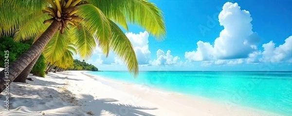 Fototapeta Sun-drenched beach scene with vibrant turquoise water, white sand, and lush palm trees swaying gently in the breeze Perfect for summer vacation, travel, and holiday themes , sea, clouds, horizon