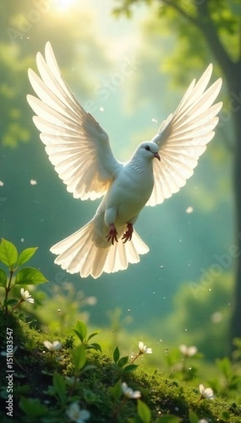 Fototapeta A serene white dove, wings outstretched, descends gently towards a peaceful, sunlit landscape, symbolizing spiritual awakening and inner peace , flight, grace, sky