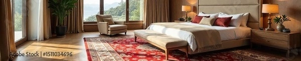 Fototapeta Luxurious master bedroom featuring a large, intricately patterned rug, adding warmth and style to the space Perfect for interior design inspiration , interior design, pillows