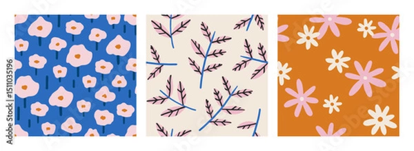 Obraz Collection of hand drawn seamless patterns with abstract floral motifs. Vector endless background with vibrant flowers for summer design, wallpaper, textile. Cute charming botanical illustration