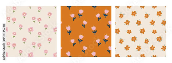 Obraz Collection of hand drawn seamless patterns with abstract floral motifs. Vector endless background with vibrant flowers for summer design, wallpaper, textile. Cute charming botanical illustration