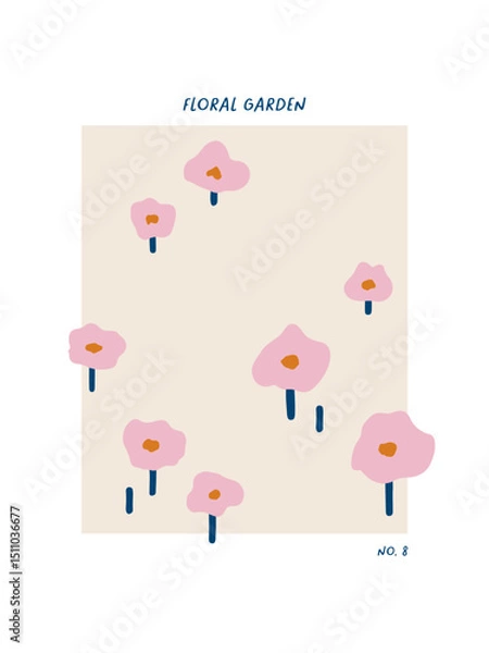 Fototapeta Hand drawn poster or card with cute abstract flowers. Charming print with beautiful tiny floral elements. Vector botanical illustration for summer design, Womens day, Valentines day. Flat vector art