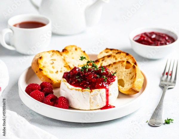Fototapeta Baked brie with raspberry preserves for breakfast. AI