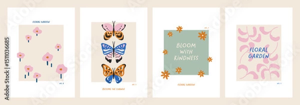 Obraz Hand drawn collection of trendy abstract posters or cards with tiny flowers and butterflies. Whimsical botanical prints for summer design, Womens day, Valentines day. Cute lovely summer prints