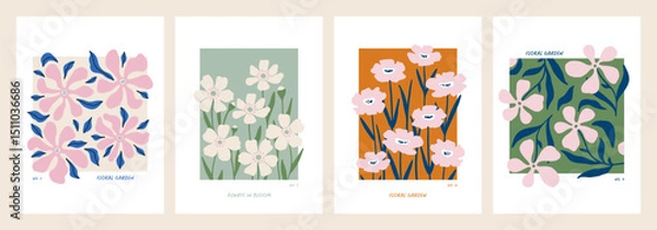 Obraz Hand drawn collection of trendy abstract floral posters or cards. Whimsical botanical prints for summer design, Womens day, Valentines day. Cute lovely summer prints. Flat vector illustration