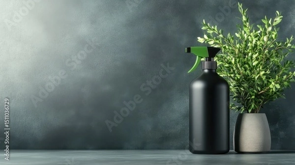 Fototapeta A chic black spray bottle placed next to a lush green plant against a textured gray background, highlighting the essence of minimalism and modern home decor.