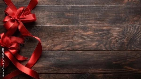 Fototapeta A visually striking composition of vibrant red ribbons elegantly arranged on a rustic wooden surface, perfect for evoking a sense of celebration and gift-giving occasions.