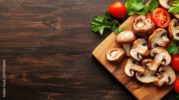 Fototapeta An assortment of fresh vegetables, including mushrooms and tomatoes, artfully arranged on a rustic wooden cutting board, signifying the beauty of healthy cooking and fresh ingredients.