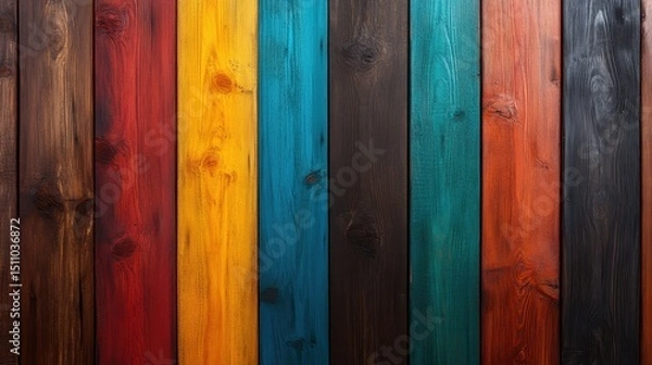 Obraz A captivating array of colorful wooden planks creates a visually dynamic background, perfect for enhancing creative projects, promotional materials, or artistic compositions.