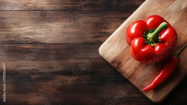 Fototapeta A striking red bell pepper and a green chili pepper lay elegantly on a wooden cutting board, emphasizing their fresh vibrancy and inviting culinary possibilities.