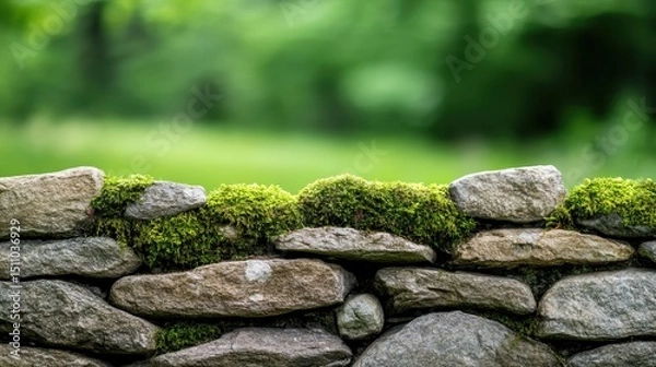 Fototapeta A beautiful moss-covered stone wall emerges from a backdrop of lush green foliage, illustrating the harmony found in nature between stone and vibrant greenery.