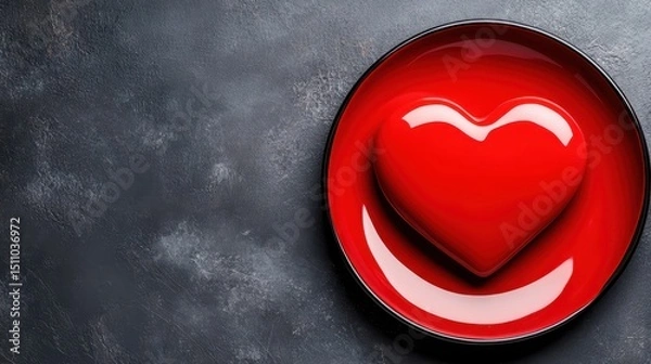Fototapeta A glossy red heart sits prominently on a black plate against a textured background, symbolizing love and affection, perfect for romantic themes and celebrations.